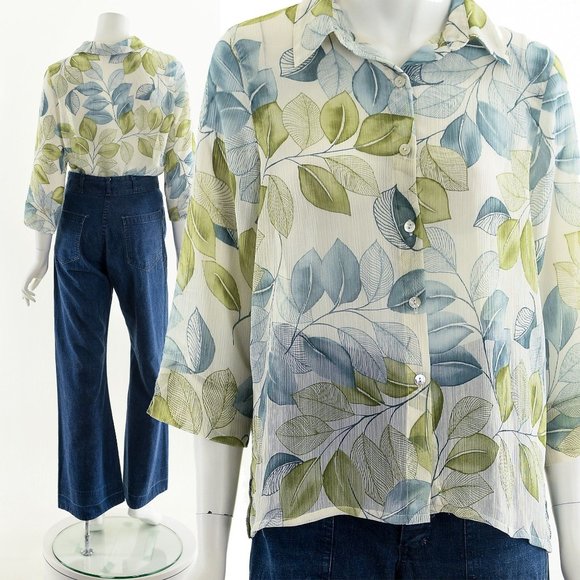 Leaf Print Shirt,Ombre Green Leaf Blouse,Semi Sheer Blouse,Gauzy White Blouse,Sh - Picture 3 of 10